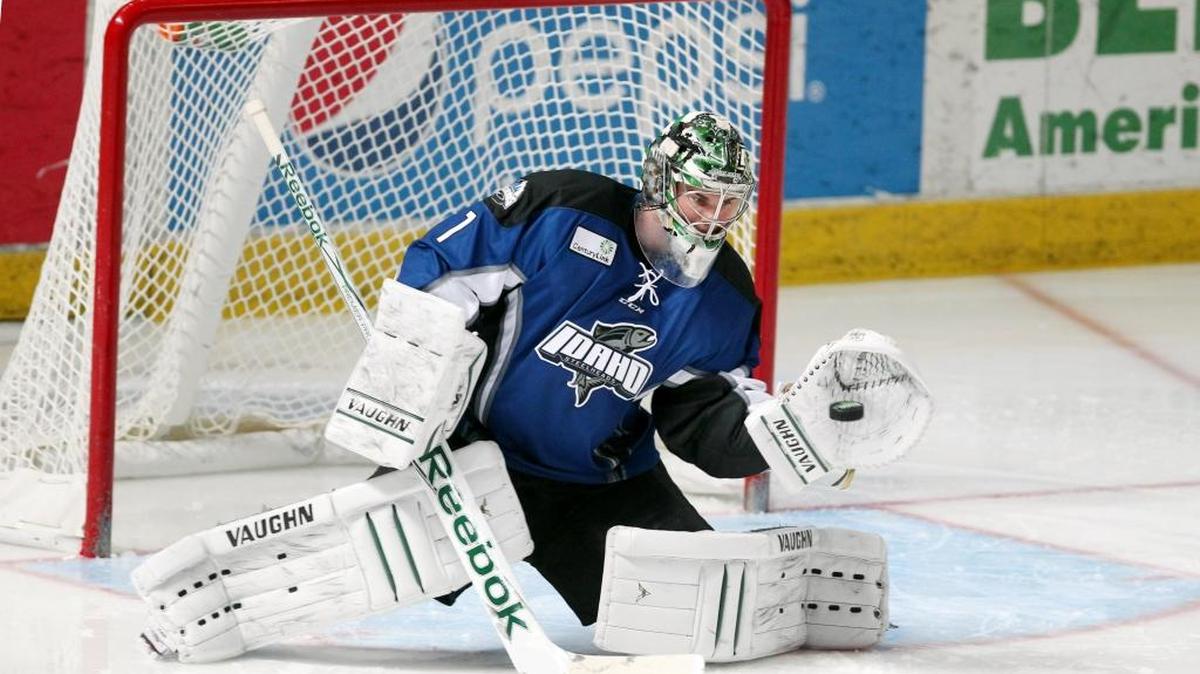Idaho Steelhead goalie Jack Campbell stops a shot by the Utah Grizzlies during the third period of a Feb. 13, 2015, game at Centurylink Arena.