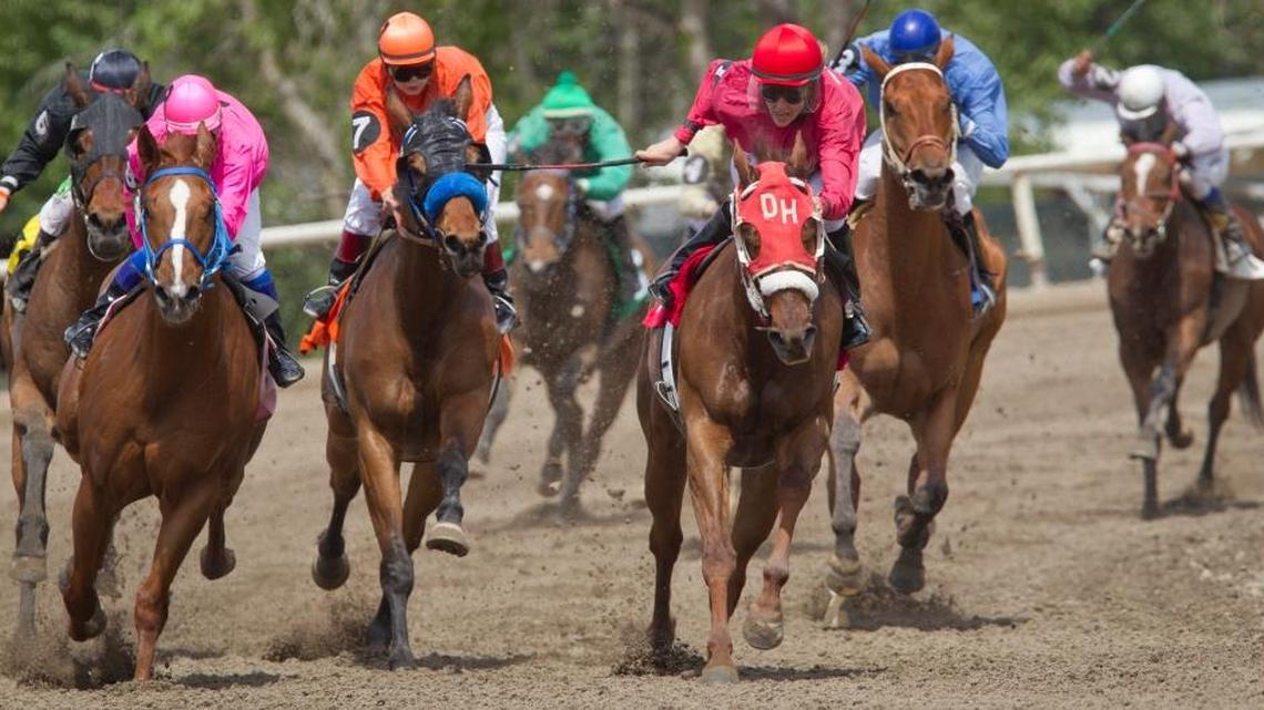 Jockey Nieela Black, center in red, rides Rosie's Renegade to a first-place finish in the second race on opening day at Les Bois Park, Saturday, May 2, 2014. KBOI reported Monday that the park has canceled its 2016 season.