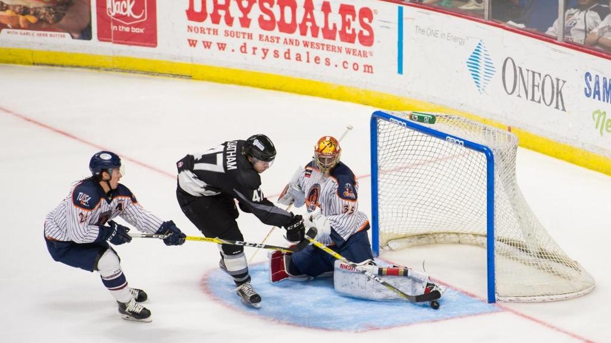 Idaho Steelheads forward Connor Chatham scored during the second period of a 5-2 victory over the Tulsa Oilers in Tulsa, Oklahoma.