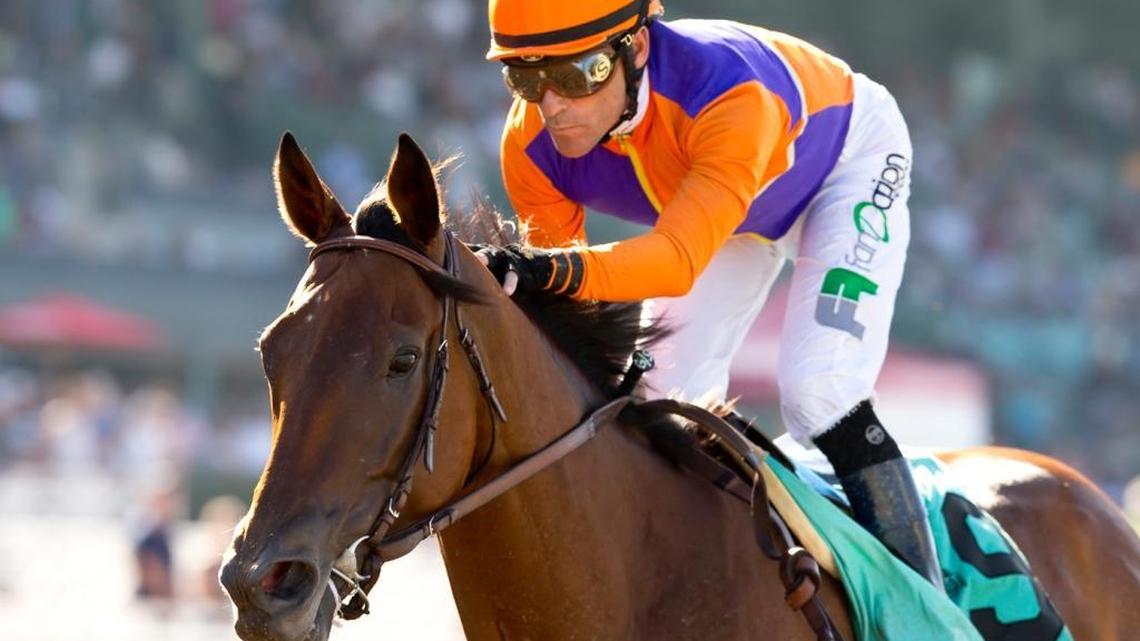 Jockey Gary Stevens wins the Grade I Zenyatta Stakes aboard Beholder in 2015. Stevens has ridden three Kentucky Derby winners, three Preakness winners and three Belmont Stakes winners.
