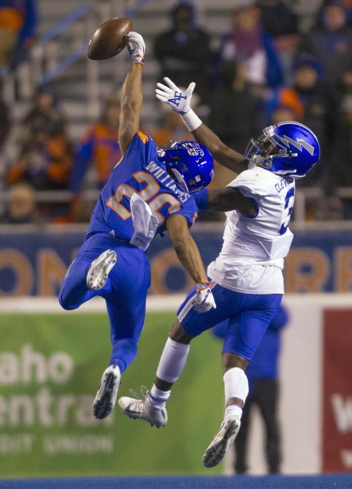 Boise State cornerback Avery Williams deflects a pass intended for Air Force wide receiver Ronald Cleveland.
