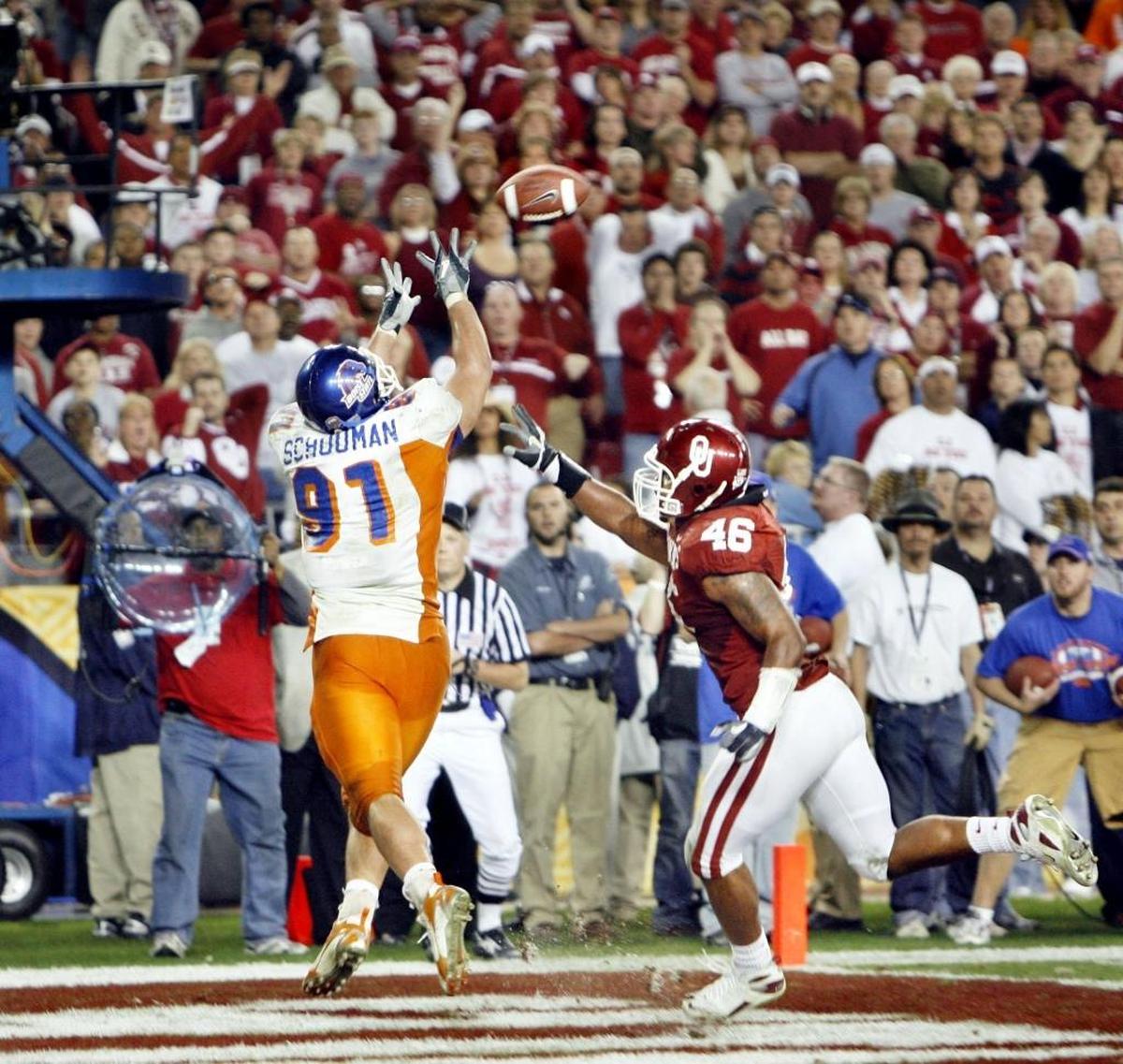 Boise State tight end Derek Schouman makes a touchdown catch in overtime against Oklahoma in the 2007 Fiesta Bowl. The TD set up the game-winning, two-point conversion by Ian Johnson.