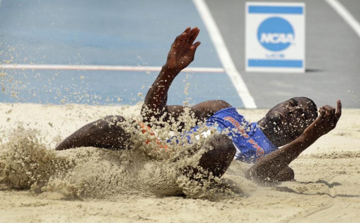 Boise State’s Kurt Felix hits the pit during the decathlon long jump at the NCAA outdoor track and field championships in 2012.