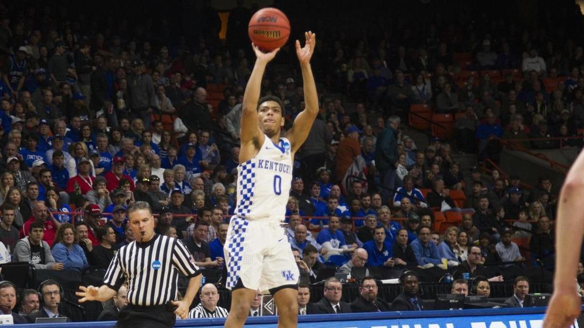 Kentucky guard Quade Green pulls up for a 3-pointer against Davidson in the first round of the NCAA men’s basketball tournament Thursday at Taco Bell Arena in Boise.
