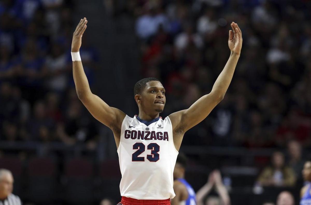 Gonzaga’s Zach Norvell Jr. raises his hands to the crowd during the first half of the West Coast Conference Tournament championship game against BYU on Tuesday in Las Vegas.