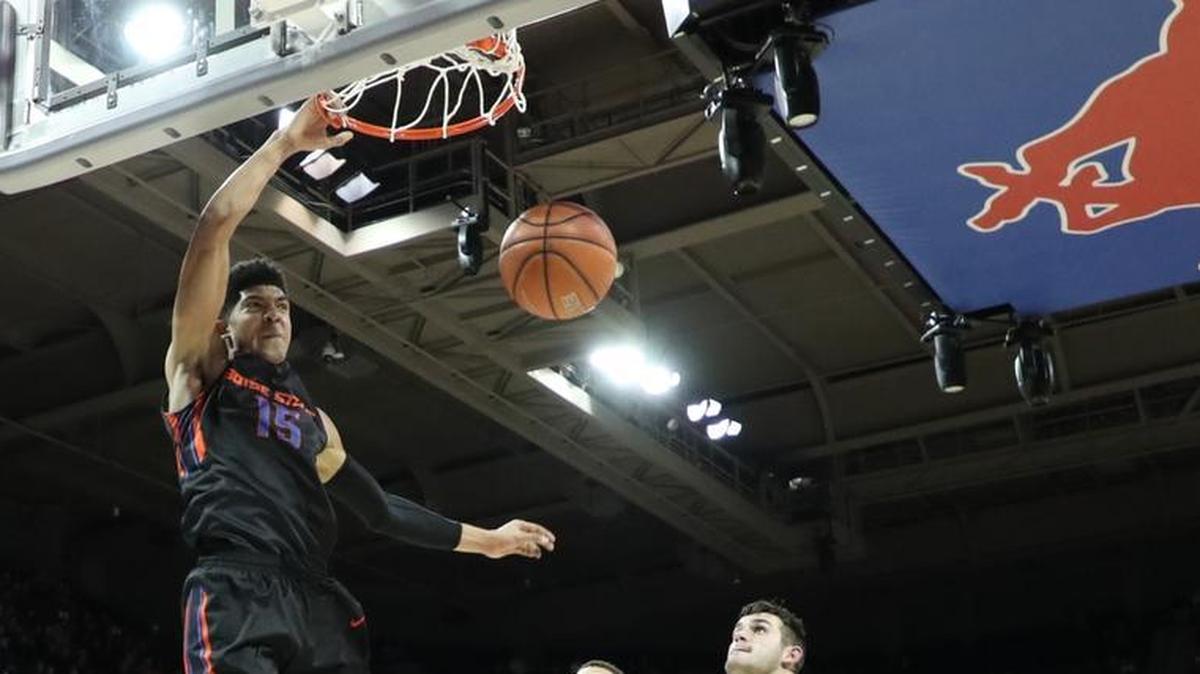Boise State guard Chandler Hutchison throws down a dunk Monday night against SMU at Moody Coliseum in Dallas. The Broncos lost 86-63.