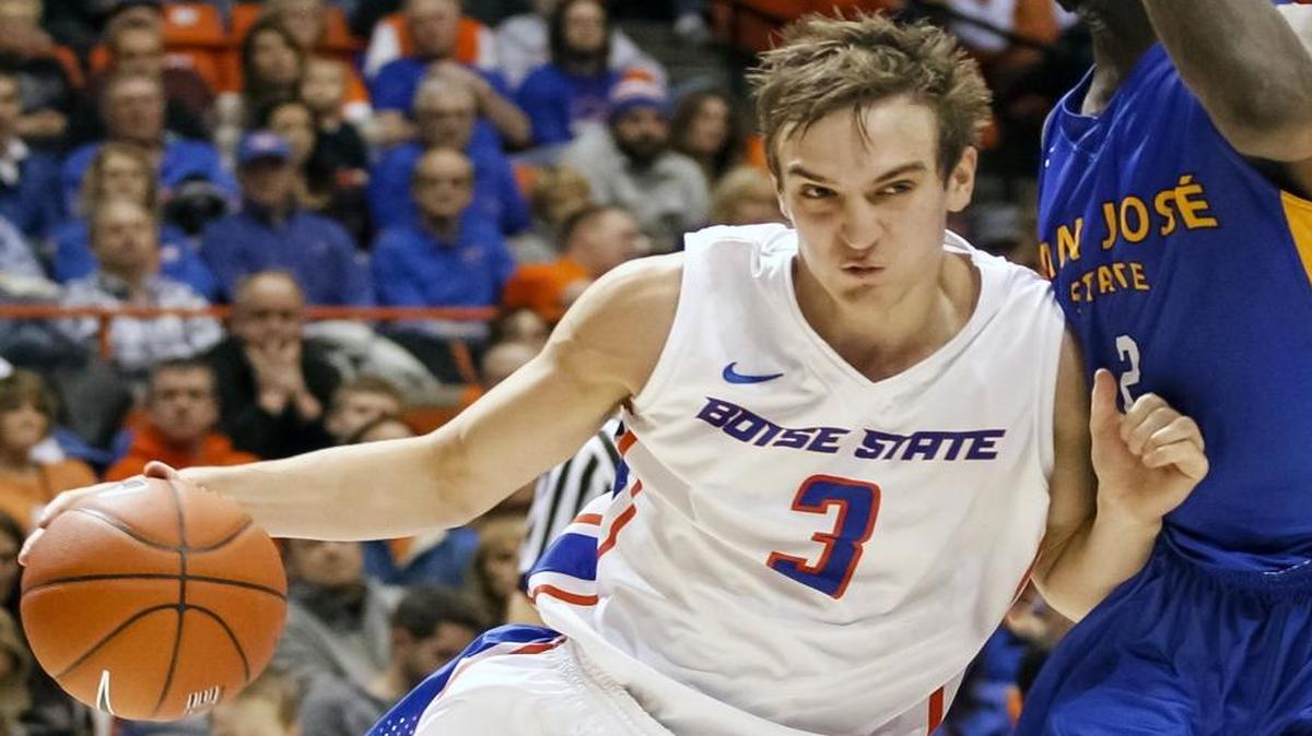 Boise State’s Anthony Drmic drives the ball against San Jose State’s Jaleel Williams during the second half of a 76-55 BSU victory Jan. 25, 2014, in Boise.