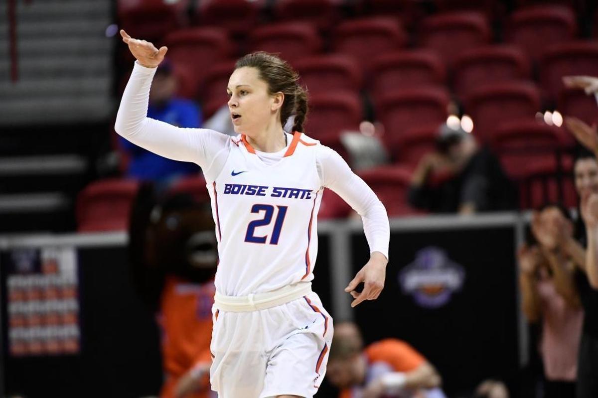 Boise State guard Riley Lupfer celebrates one of her five made 3-pointers against Air Force. The Broncos beat the Falcons 60-46 in the Mountain West Tournament quarterfinals Tuesday at the Thomas & Mack Center in Las Vegas.