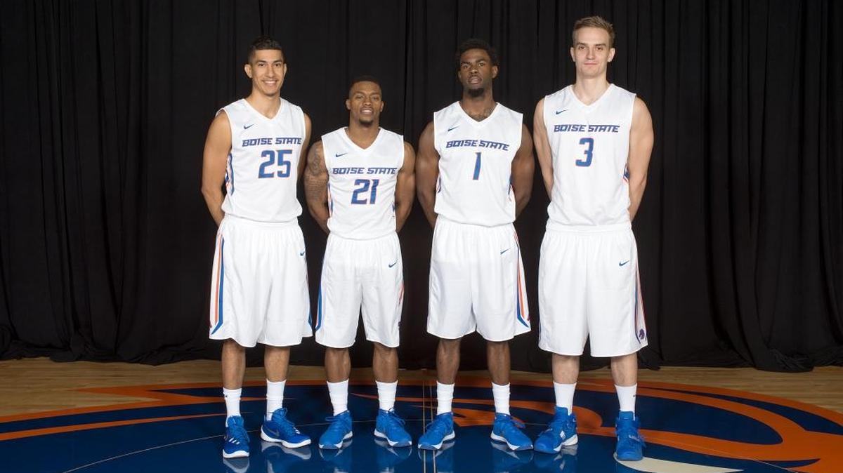 Boise State basketball seniors, from left to right, Lonnie Jackson, Montigo Alford, Mikey Thompson and Anthony Drmic.