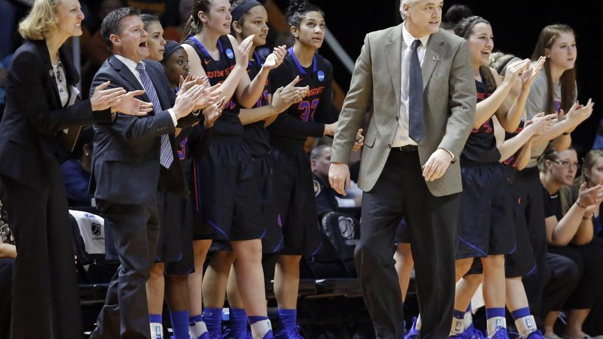 Boise State players celebrate a score against Tennessee late in the second half of an NCAA women’s college basketball tournament game Saturday, March 21, 2015, in Knoxville, Tenn.