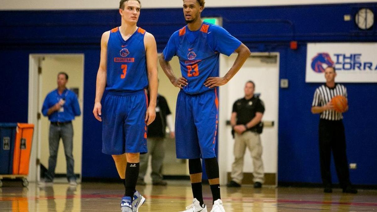 Boise State basketball players Anthony Drmic, left, and James Webb III will play together for the first time in a regular-season home game Monday against Northern Arizona.