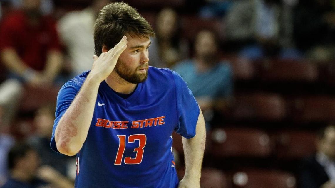 Boise State basketball player Nick Duncan acknowledges a teammate’s assist during the Charleston Classic in South Carolina earlier this season.