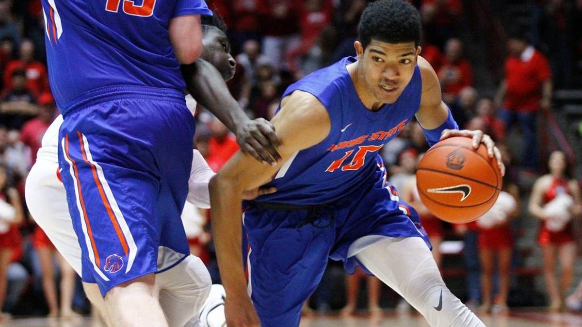 Boise State’s Chandler Hutchison dribbles around a pick during the second half of the Broncos’ game against New Mexico in Albuquerque, N.M., on Tuesday, Feb. 14, 2017.