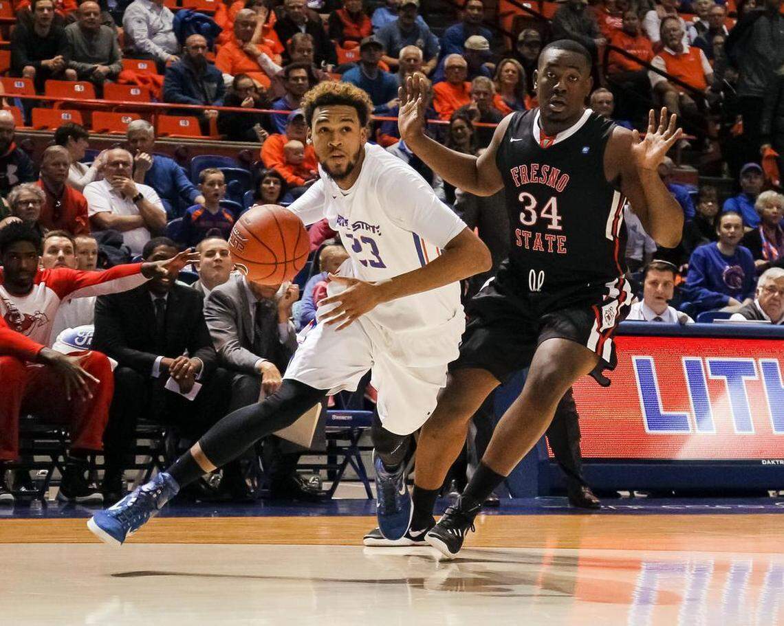Former Boise State standout James Webb III, left, has played in 10 NBA games during his professional career, all with the Brooklyn Nets during the 2017-18 season. In 101 G League games, he’s averaged 12.9 points and 7.9 rebounds.