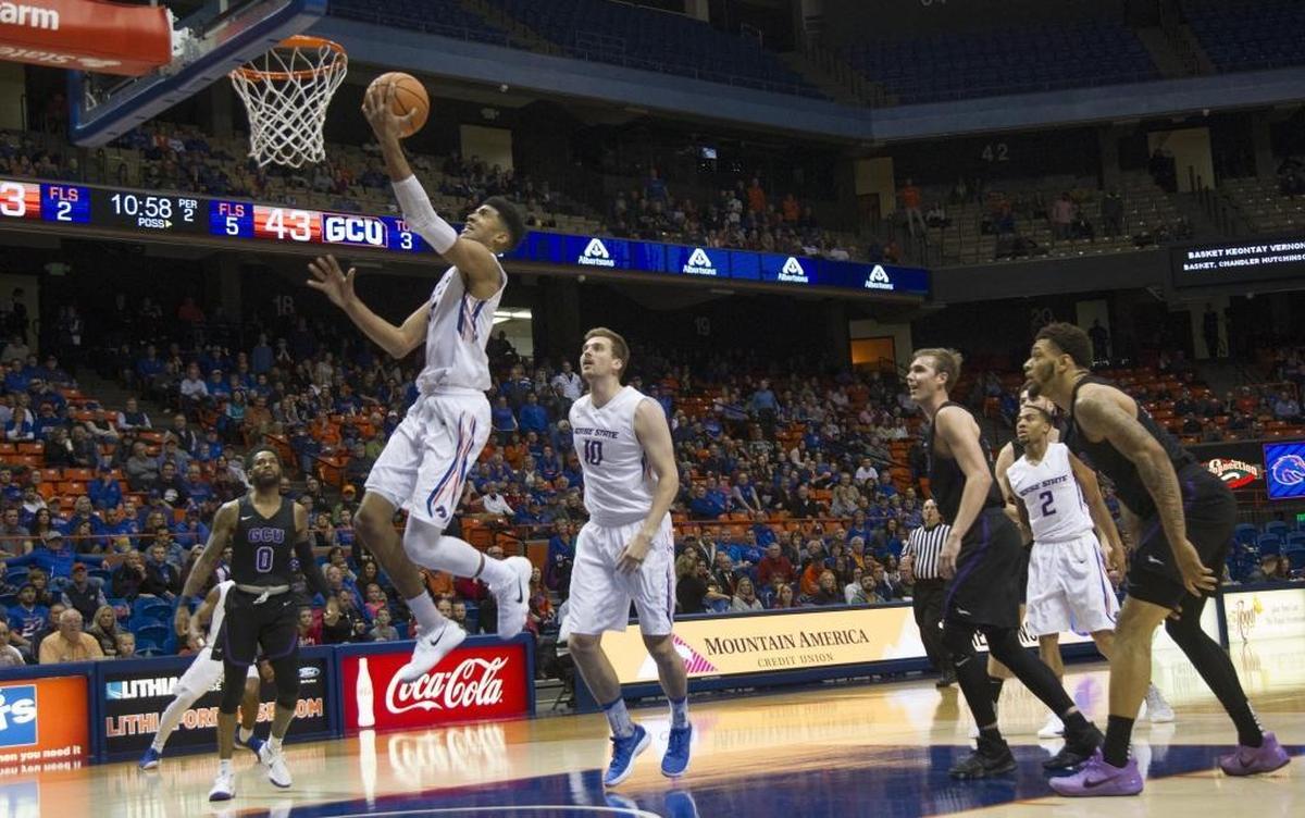 Boise State’s Chandler Hutchison gives the Broncos the first lead of the game with a drive into the paint in the second half against Grand Canyon on Wednesday at Taco Bell Arena in Boise.