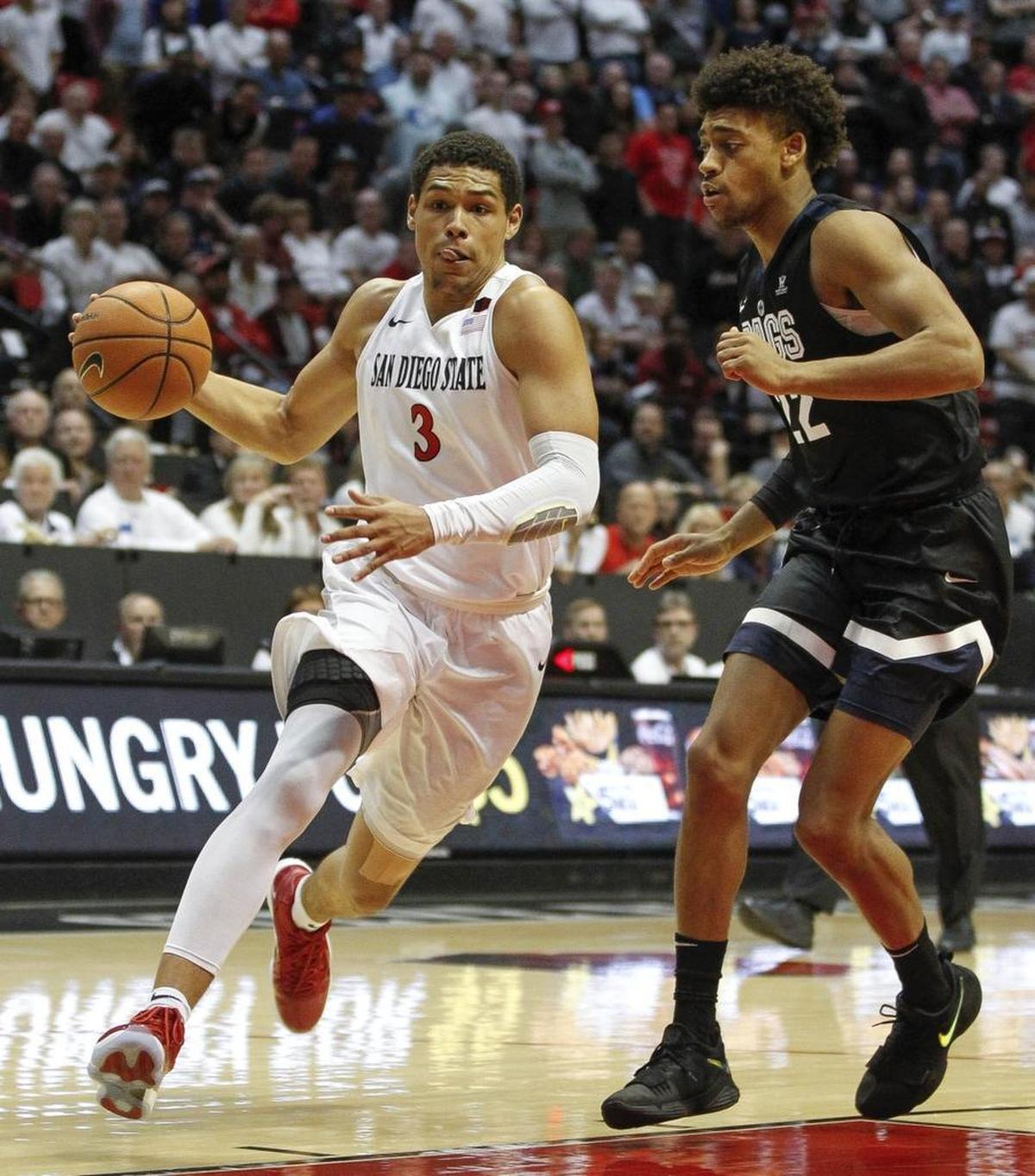 San Diego State’s Trey Kell drives to the basket against Gonzaga’s Jeremy Jones. SDSU won 72-70, and Kell had 14 points, four rebounds and four assists.