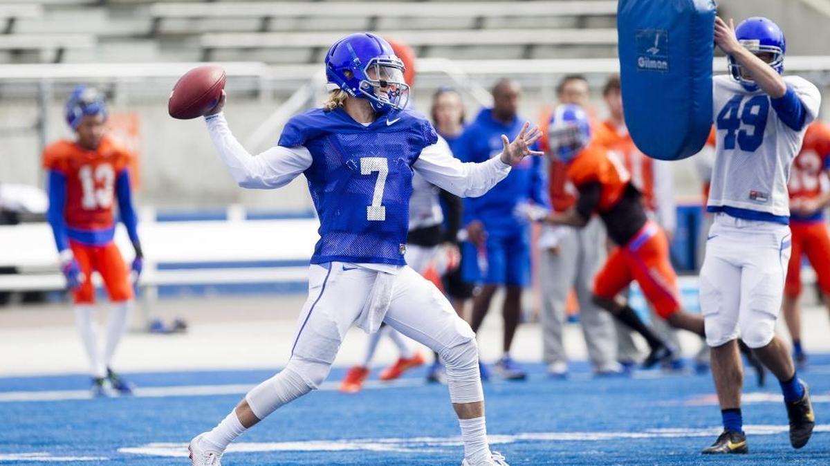 Boise State junior quarterback Rathen Ricedorff throws a pass during spring practice at Albertsons Stadium in Boise, Idaho. Saturday March, 11, 2017.
