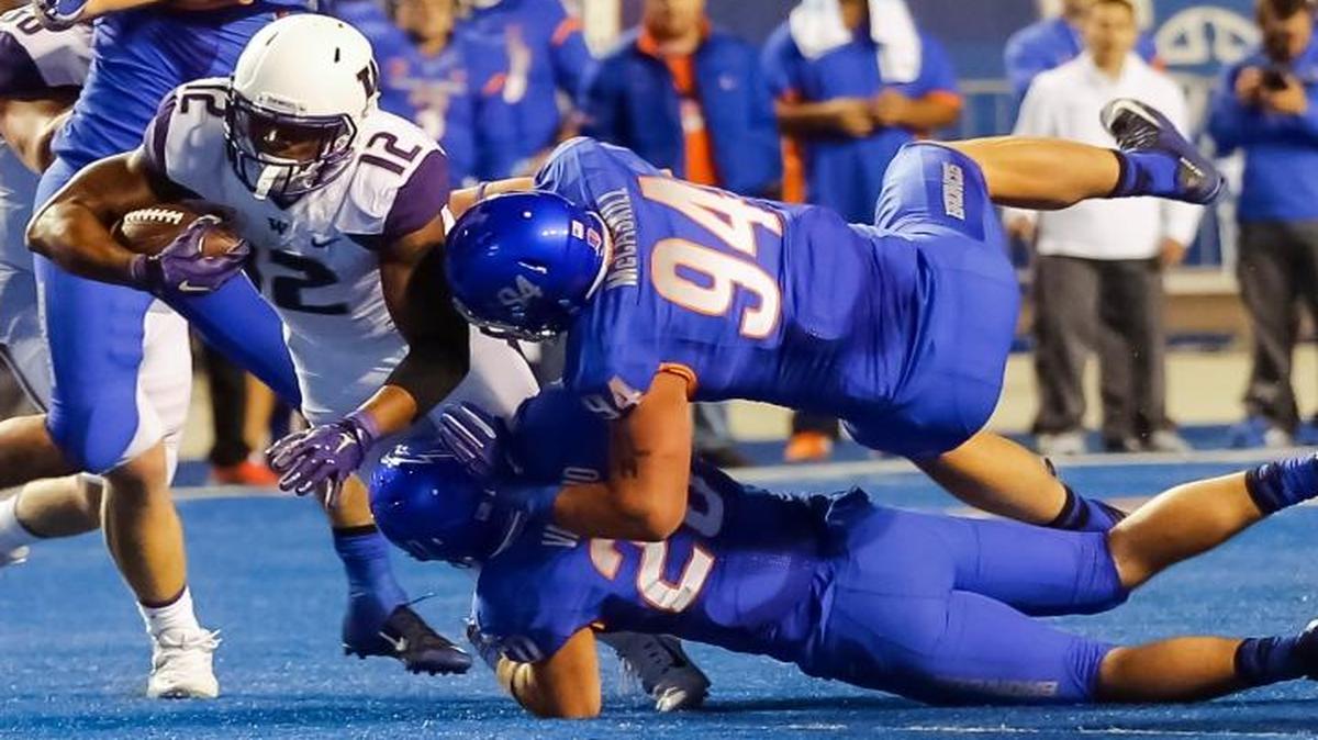 Senior end Sam McCaskill (94) started 13 games at tackle as a sophomore, making him the most experienced member of the defensive line. “He’s a guy that whatever we’ve asked him to do, he’s done it without hesitation,” coach Bryan Harsin said.