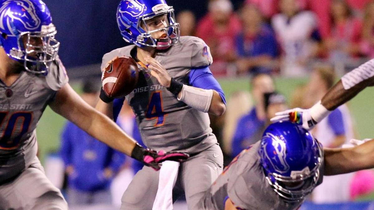 Boise State quarterback Brett Rypien throws a first-half touchdown pass to Chaz Anderson against Hawaii at Albertsons Stadium on Saturday October 3rd, 2015, in Boise, Idaho.