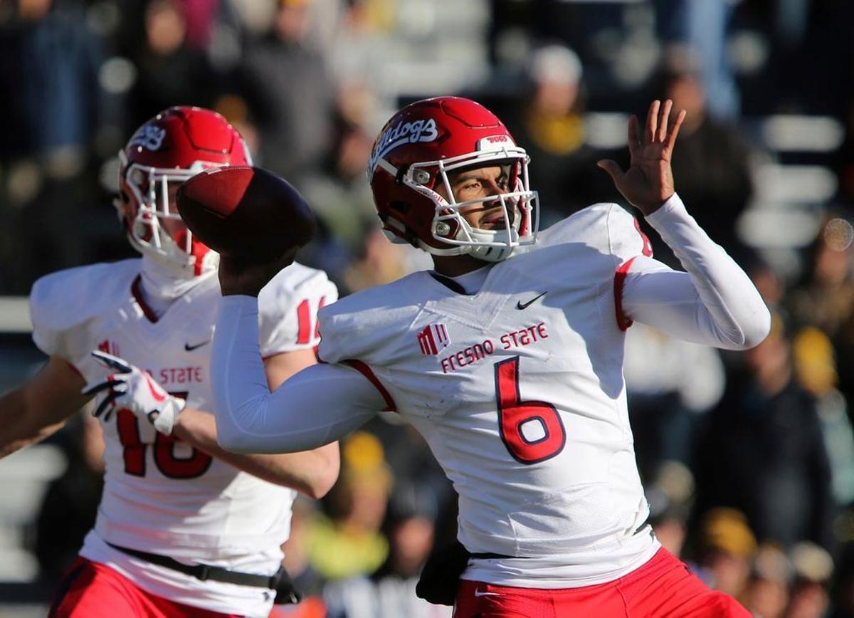 Fresno State quarterback Marcus McMaryion (6) prepares to pass the ball during the team's NCAA college football game against Wyoming last Saturday in Laramie, Wyo.