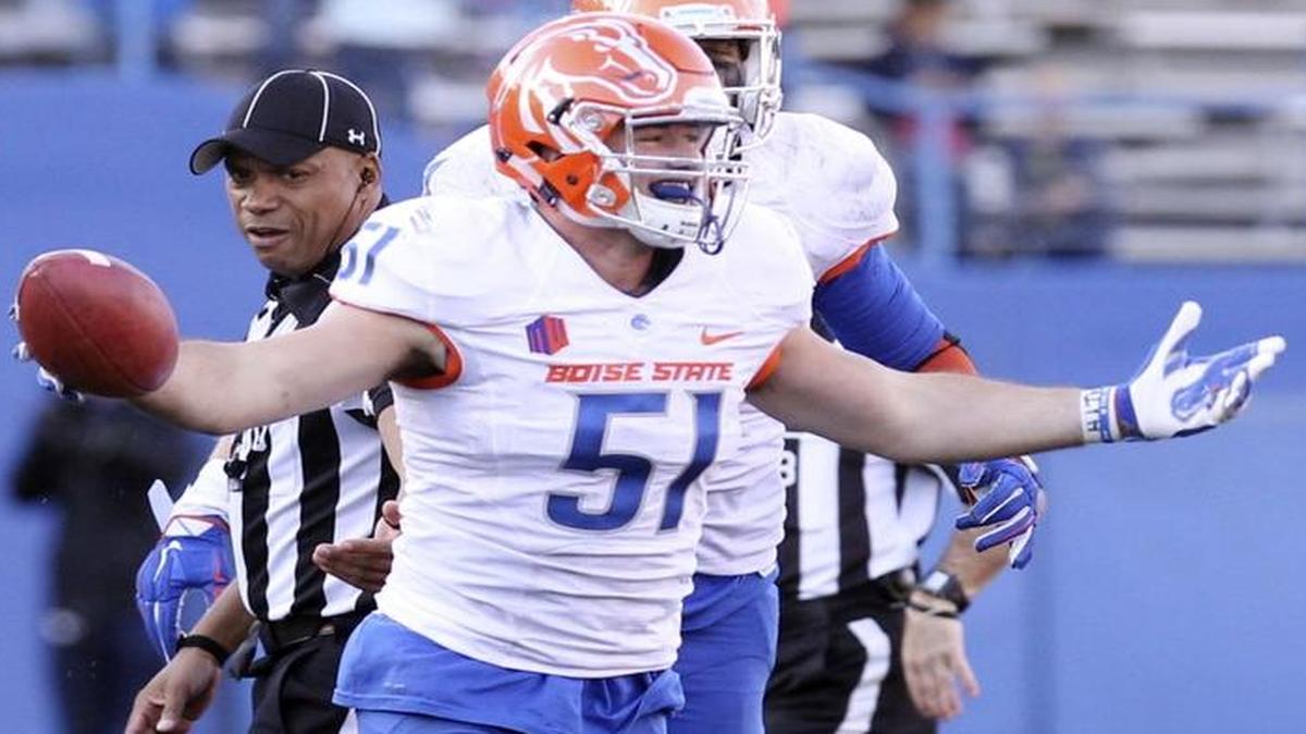 Boise State linebacker Ben Weaver (51) celebrates a second-half interception against San Jose State at Spartan Stadium in San Jose, Calif., on Friday Nov. 27, 2015.