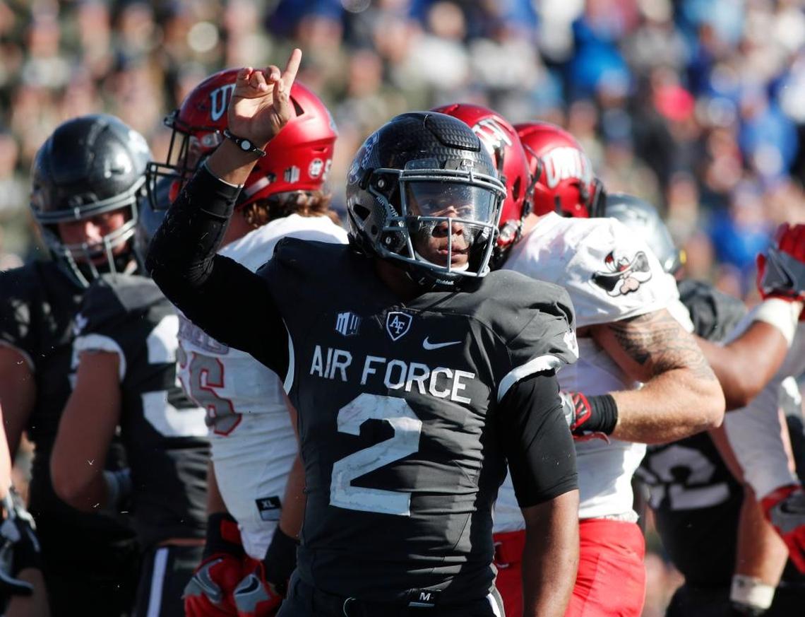 Air Force quarterback Arion Worthman celebrates after rushing for the go-ahead touchdown against UNLV on Oct. 24 in Colorado Springs, Colo.