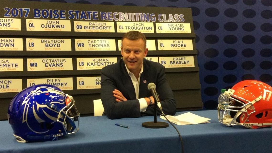 Boise State coach Bryan Harsin discusses the Broncos’ new players Wednesday at the Bleymaier Football Center.
