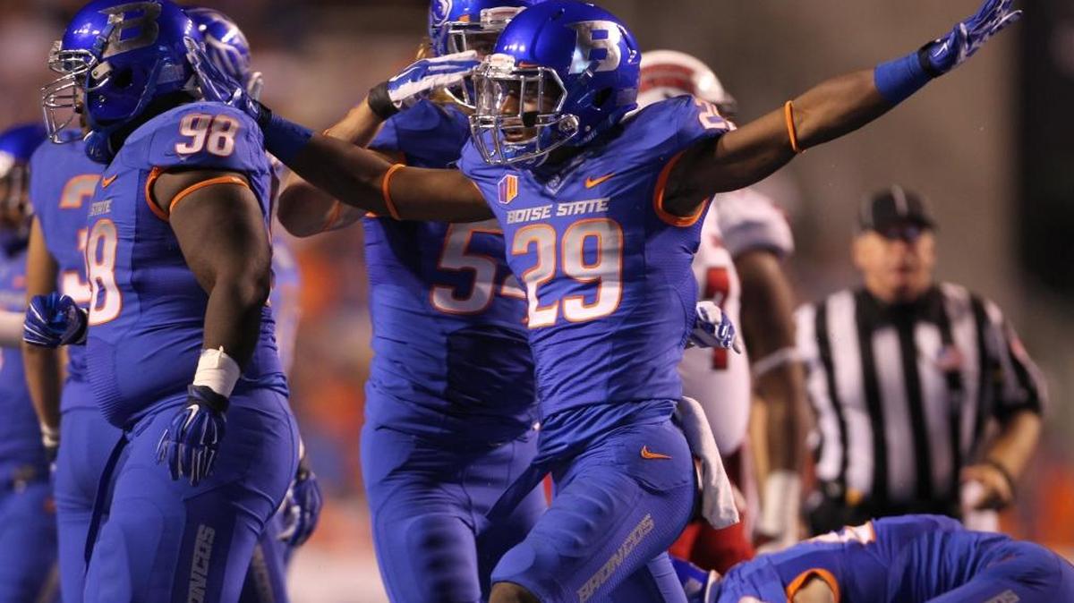 Boise State safety Dylan Sumner-Gardner celebrates a defensive stop during the second second half against Louisiana Lafayette on Sept. 20, 2014, at Albertsons Stadium.