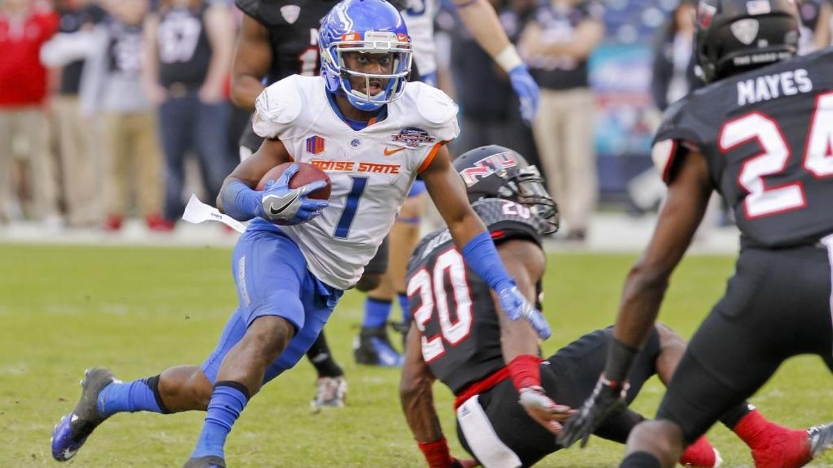 Boise State wide receiver Shane Williams-Rhodes rushed three times for 34 yards and caught eight passes for 94 yards in the Poinsettia Bowl against Northern Illinois on Wednesday.