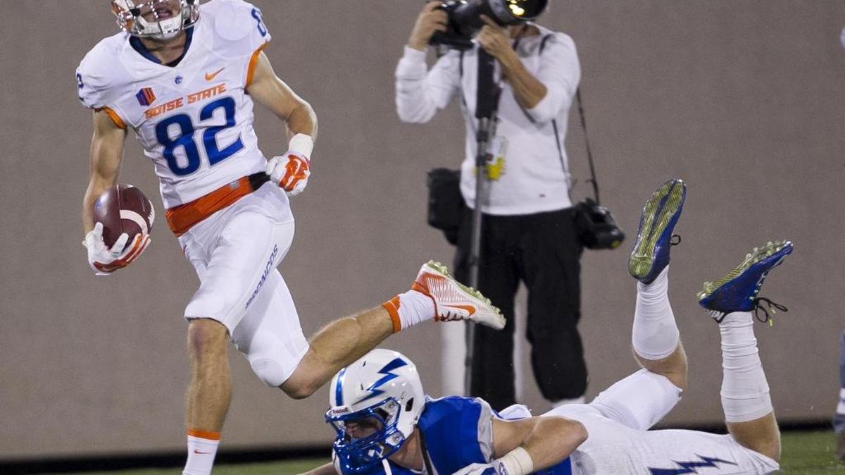 Boise State wide receiver Thomas Sperbeck (82) makes a second half reception against Air Force on Sept. 27, 2014 at Falcon Stadium at Air Force Academy, Colo.