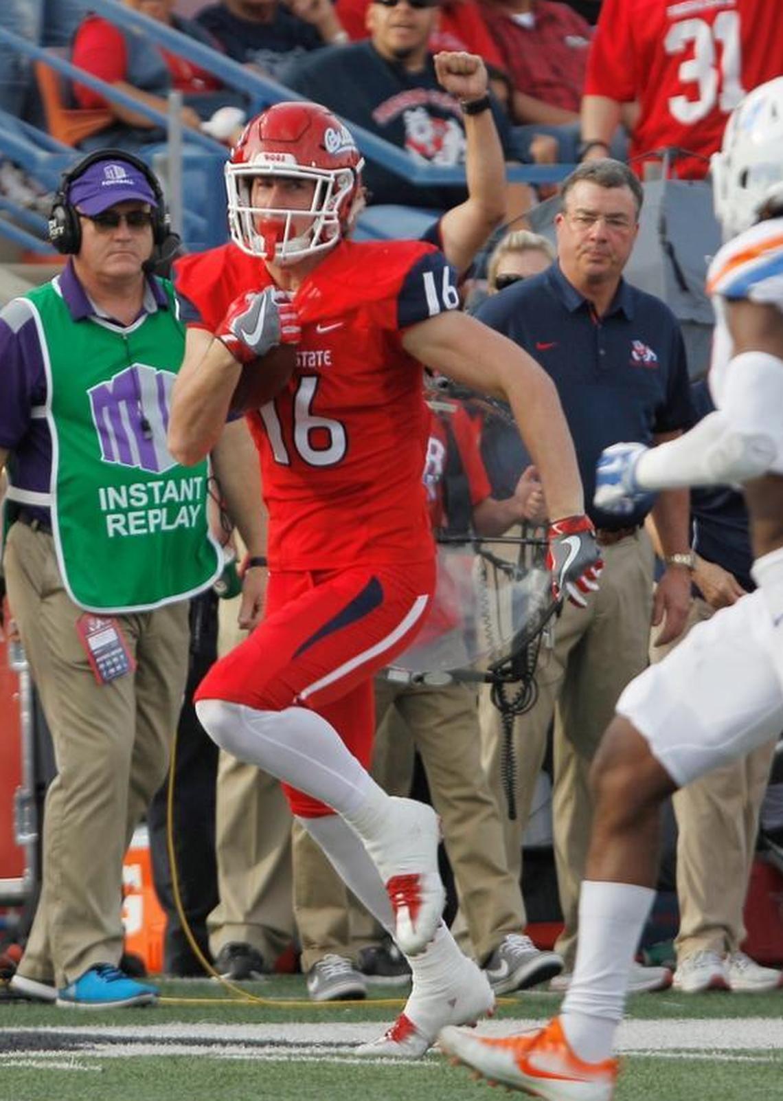 Fresno State tight end Jared Rice heads down field for a 36-yard gain in the Bulldogs’ victory over Boise State last season. The junior from Modesto has caught 26 passes on 33 targets for 349 yards and two touchdowns headed into the Bulldogs’ game at New Mexico Saturday, Oct. 20, 2018.