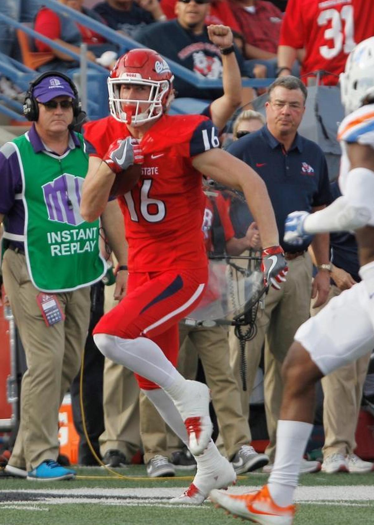Fresno State tight end Jared Rice heads down field for a 36-yard gain in the Bulldogs’ victory over Boise State last season. The junior from Modesto has caught 26 passes on 33 targets for 349 yards and two touchdowns headed into the Bulldogs’ game at New Mexico Saturday, Oct. 20, 2018.