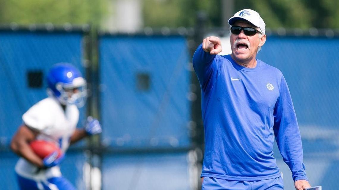 Boise State defensive line coach Steve Caldwell shouts out instructions during Boise State’s first practice of the fall at DeChevrieux Field in Boise on Aug. 4, 2016.