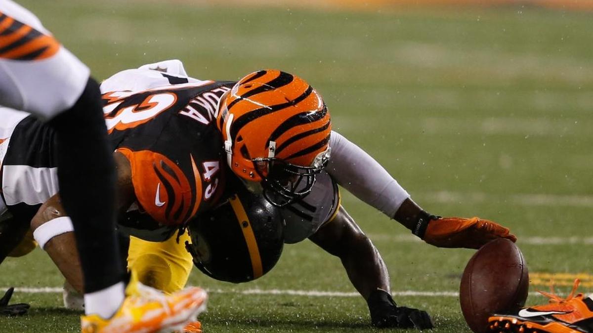Cincinnati Bengals strong safety George Iloka (43) recovers a fumble by Pittsburgh Steelers wide receiver Markus Wheaton during the first half of an NFL wild-card playoff football game Saturday, Jan. 9, 2016, in Cincinnati. The Steelers won 18-16.