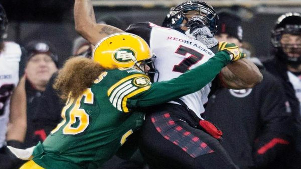 GREY CUP UPDATE Edmonton DB Aaron Grymes (No. 36, Idaho), left, had three tackles as the Eskimos defeated the Ottawa Redblacks 26-20 in the Canadian Football League championship game Sunday in Winnipeg, Manitoba. Ottawa DB Brandyn Thompson (No. 25, Boise State) made two stops.