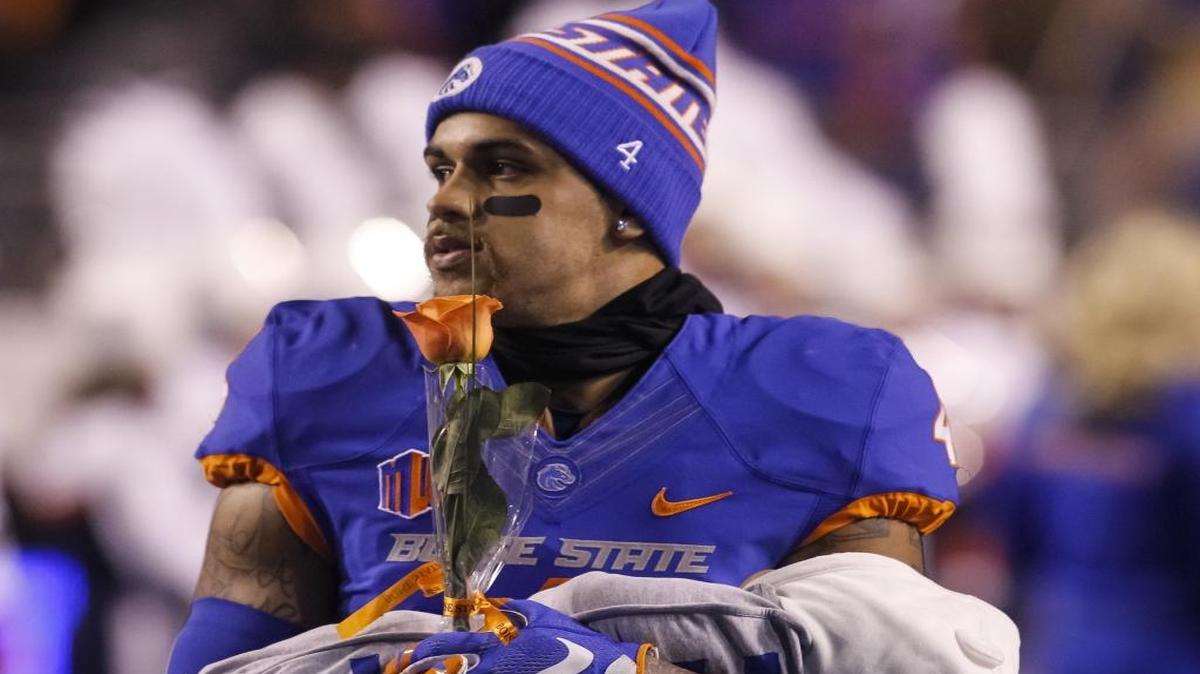 Boise State safety Darian Thompson (4) is introduced on senior day before the Broncos’ game against Air Force on Nov. 20 at Albertsons Stadium.
