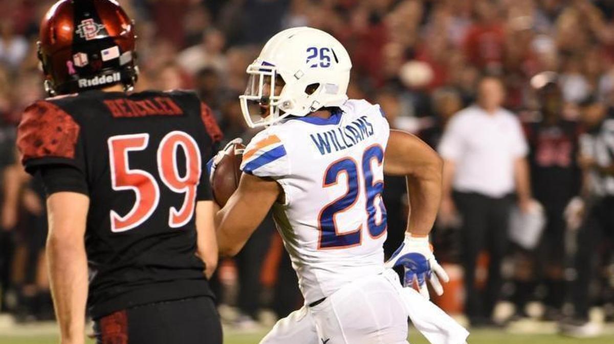 Boise State’s Avery Williams gets past San Diego State punter Brandon Heicklen as he runs a punt return 53 yards for a touchdown in the first quarter. Boise State beat San Diego State 31-14.