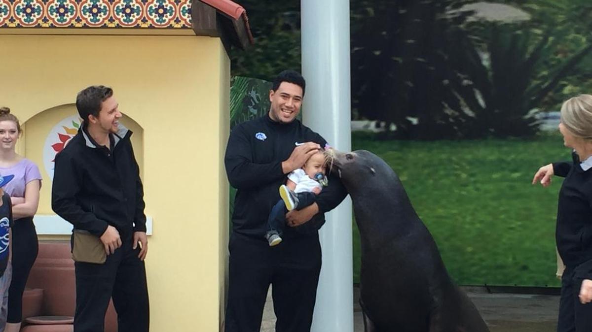 Boise State’s Tutulupeatau Mataele, and his son Tutulupeatau, meet Jake the sea lion.