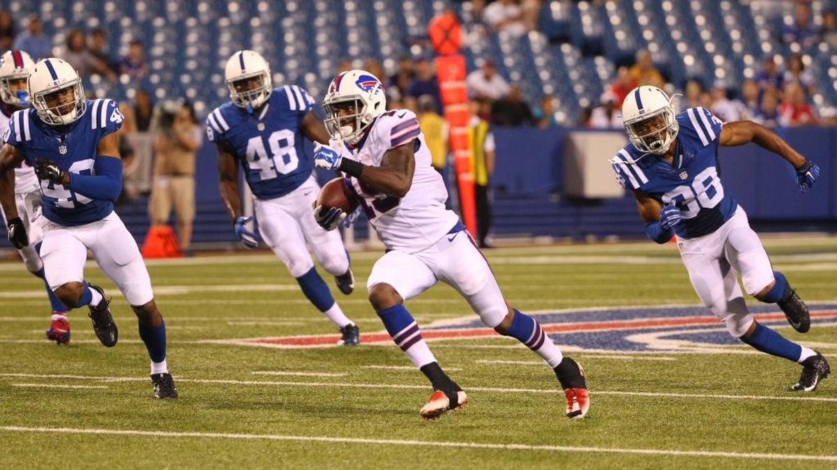 Buffalo Bills wide receiver Walter Powell (19) runs after a catch against Indianapolis Colts cornerback Christopher Milton (40), linebacker Junior Sylvestre (48) and safety Lee Hightower (38) during the second half of a preseason NFL football game Saturday in Orchard Park, N.Y.