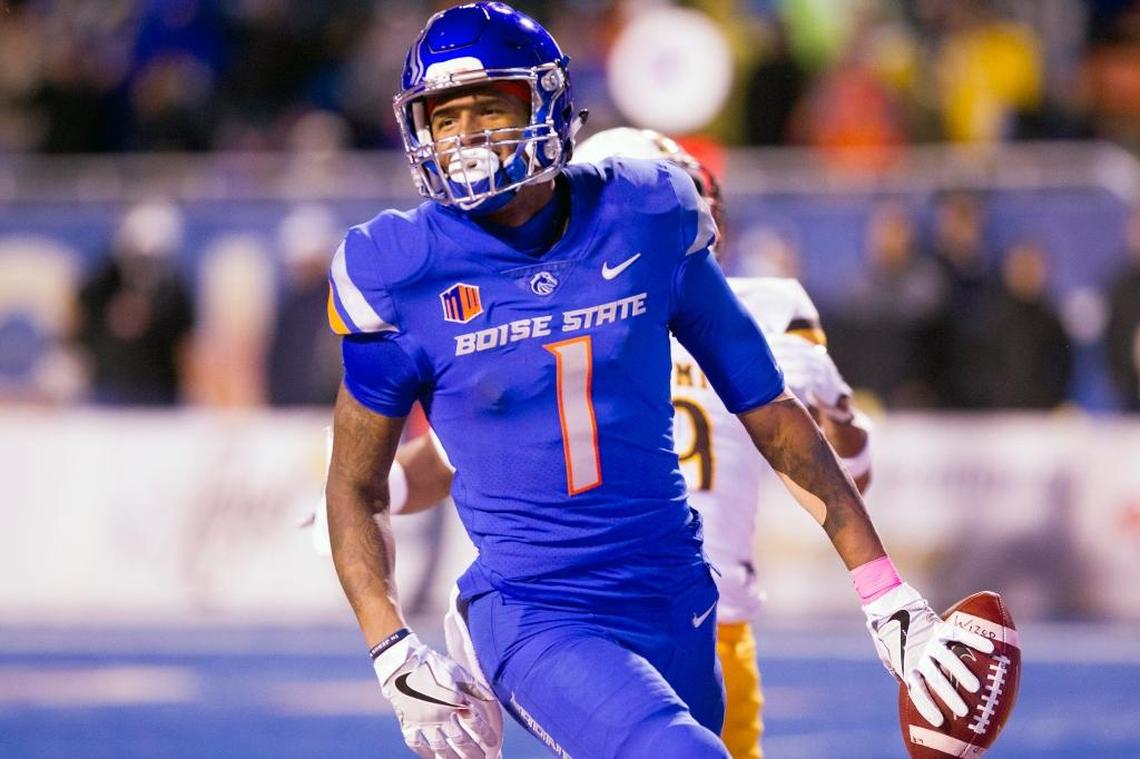Boise State wide receiver Cedrick Wilson smiles after running the football into the end zone after a reception Oct. 21 against Wyoming at Albertsons Stadium in Boise.