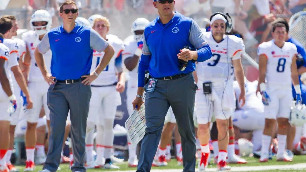 Boise State coach Bryan Harsin calls the offense during the Broncos’ 45-10 season-opening win at Louisiana on Sept. 3.