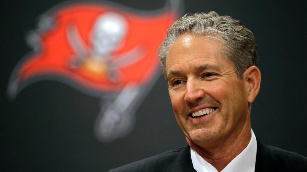 New Tampa Bay Buccaneers head coach Dirk Koetter smiles as he speaks to the media during a news conference at the team’s training facility Friday, Jan. 15, 2016, in Tampa, Fla. Koetter replaces Lovie Smith, who was fired after the season ended.