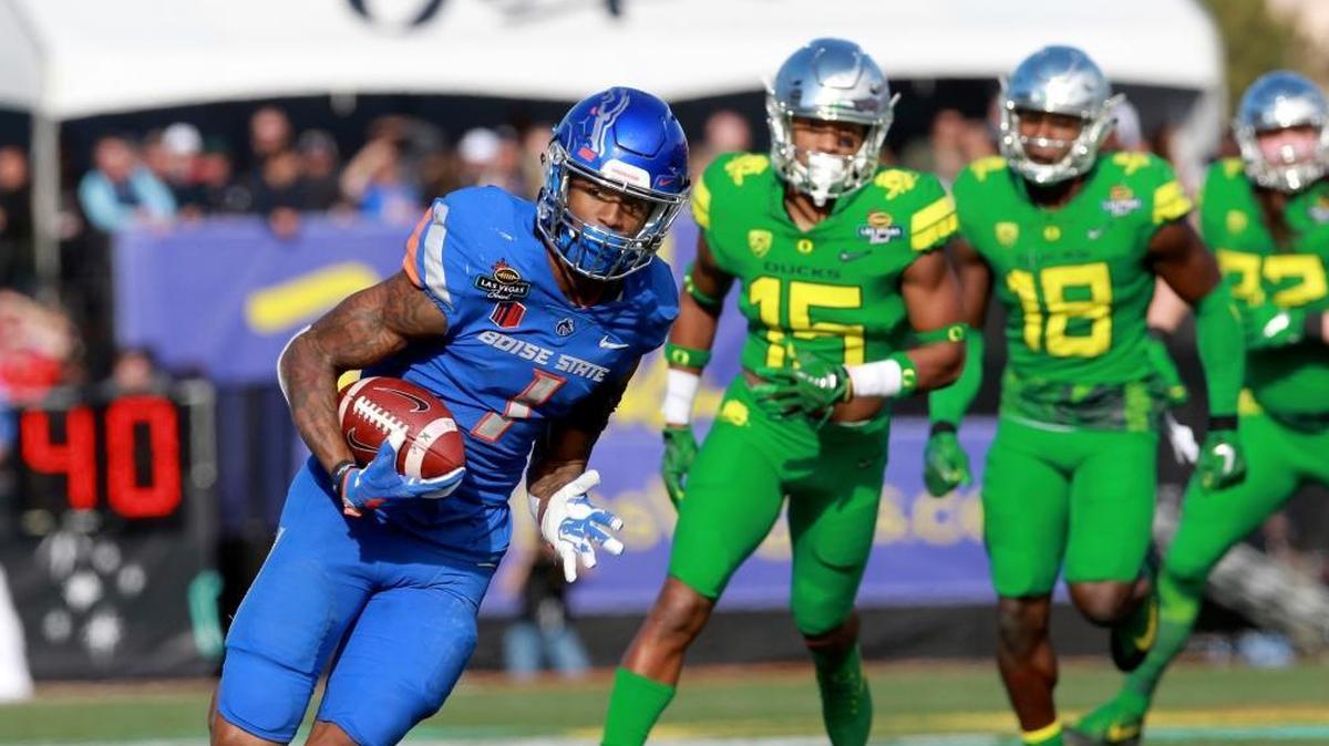 Boise State wide receiver Cedrick Wilson scores a first-half touchdown against Oregon in the Las Vegas Bowl at Sam Boyd Stadium in Las Vegas on Dec. 16, 2017.