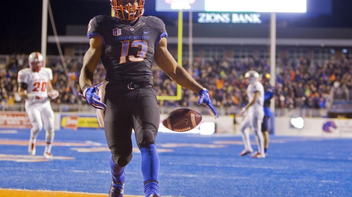 Boise State running back Jeremy McNichols scores a touchdown in the third quarter against New Mexico Saturday Nov. 14, 2015, at Albertsons Stadium in Boise.