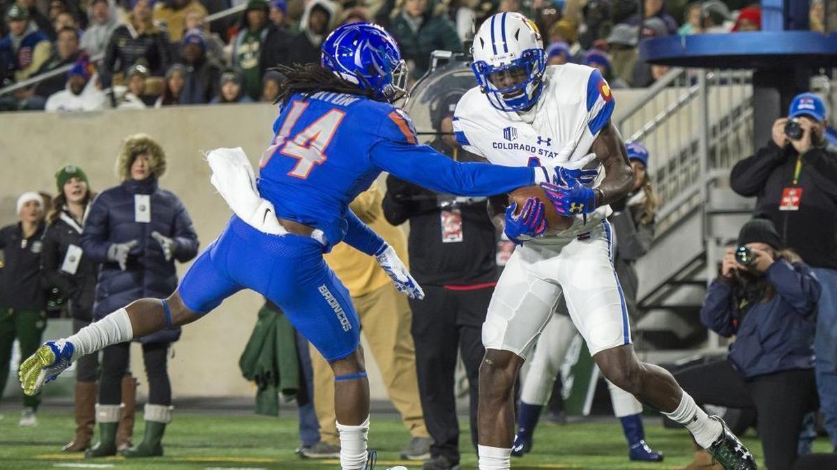 Colorado State receiver Michael Gallup pulls in a pass for a touchdown as Boise State cornerback Tyler Horton defends during the first quarter Saturday in Fort Collins, Colo.