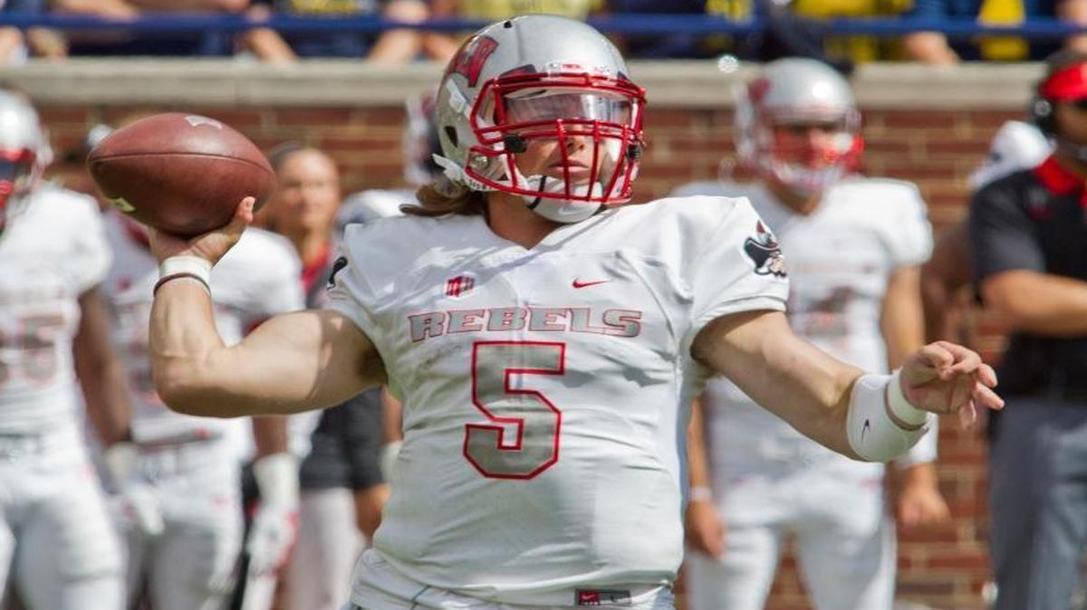 UNLV quarterback Blake Decker (5) throws a pass in the third quarter of an NCAA college football game against Michigan in Ann Arbor, Mich., Saturday, Sept. 19, 2015.