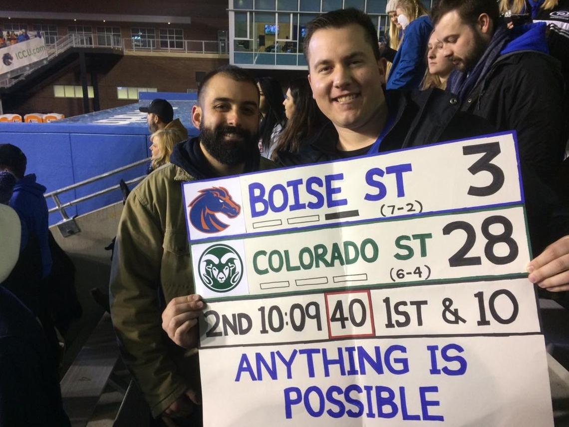 Greg Hart’s sign for the Air Force game referenced the huge deficit Boise State overcame the week before at Colorado State.