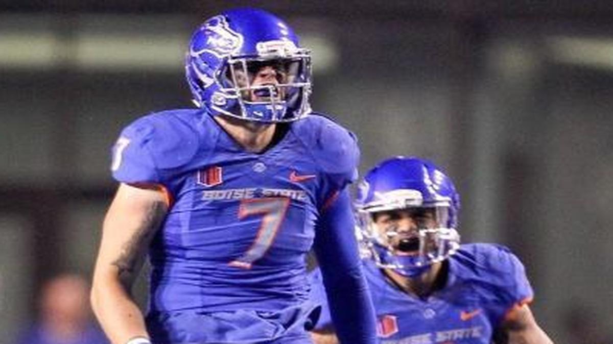 Boise State linebacker Joe Martarano celebrates a tackle of Wyoming running back Brian Hill during their Oct. 24 game at Albertsons Stadium.