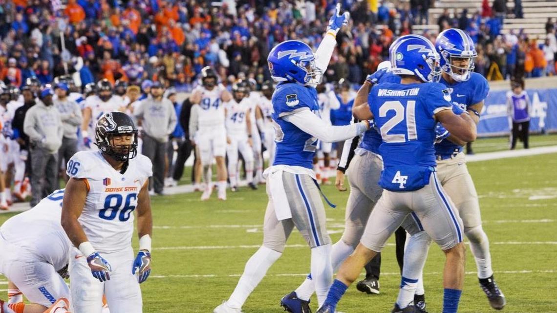 Boise State tight end Chase Blakley (86) gets up slowly after the Air Force defense recovered a fumble late in the fourth quarter Nov. 25, 2016, at Falcon Stadium in Colorado Springs.