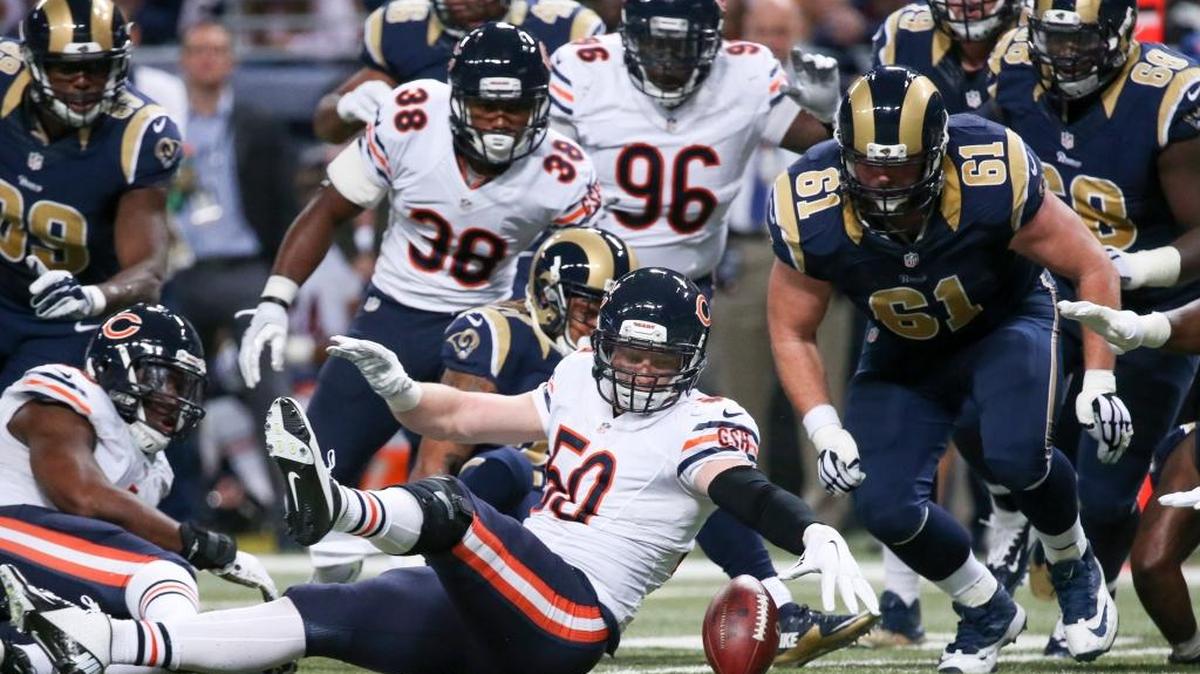 Chicago Bears inside linebacker Shea McClellin (50) recovers a fumble during the first half on Sunday, Nov. 15, 2015, at Edward Jones Dome in St. Louis.